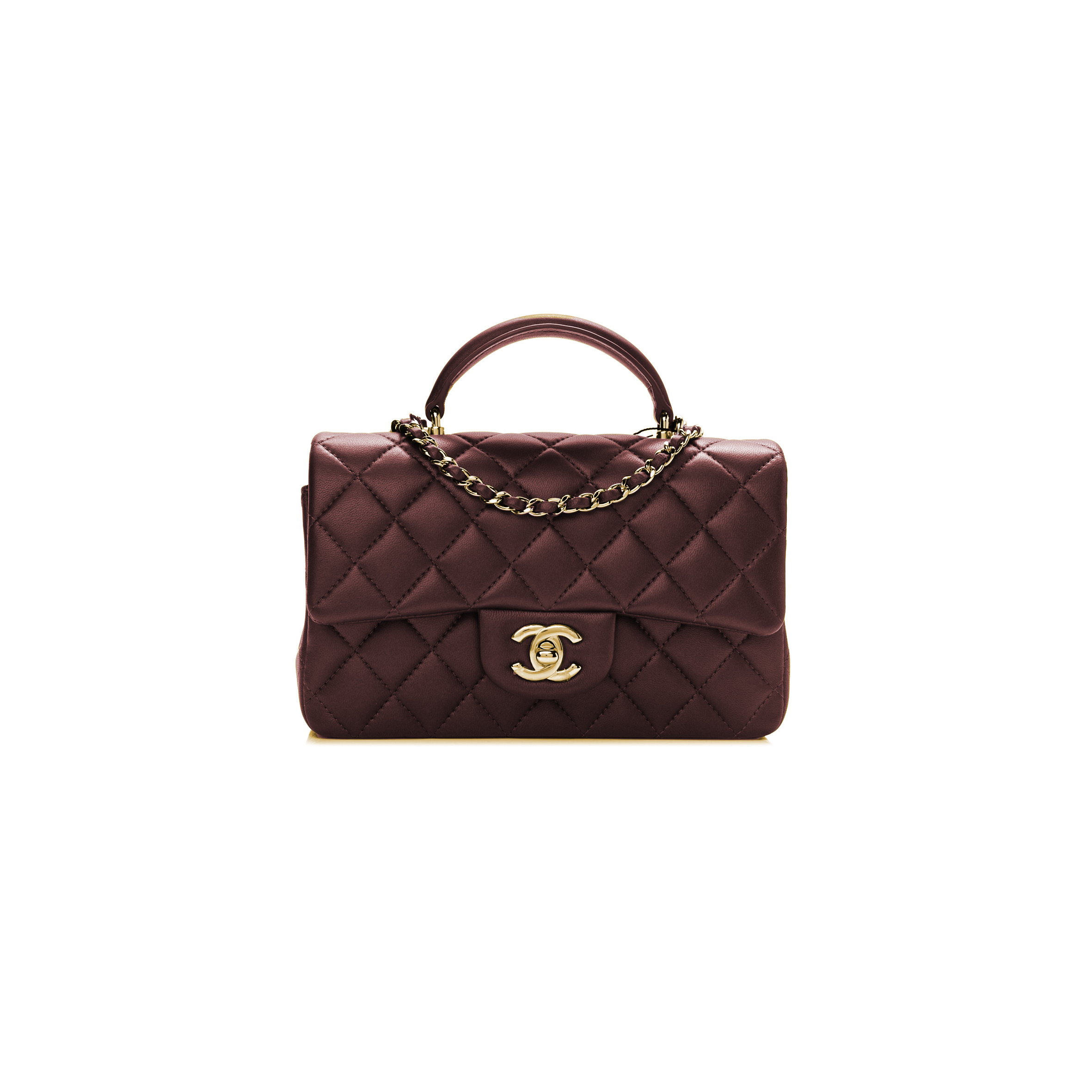 Ch*el lambskin quilted mini top handle rectangular flap gold burgundy 1106350 (20*13*6cm)